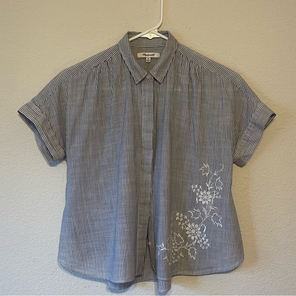 Madewell Striped Short Sleeve Blouse with Floral Embroidery